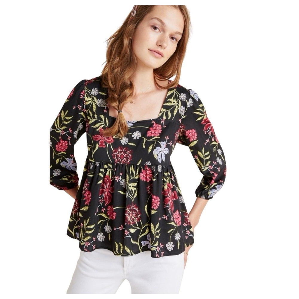 Dolan Left Coast Cherie Top Floral Flowy Peplum Boho Cottagecore Black Size S‎